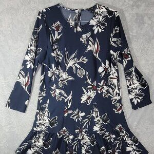 HALOGEN Women Navy Blue Floral Crew Neck Long Sleeve Dress